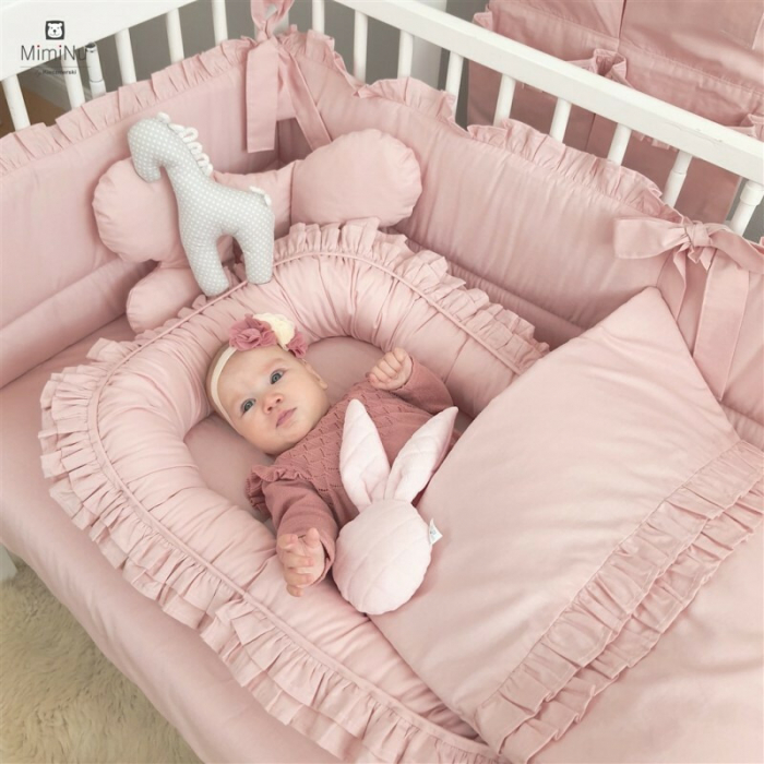 Cosulet bebelus, MimiNu, Baby Nest 55 x 75 cm, Cu Volanase, Husa 100% bumbac, Colectia Royal, Powder Pink [4]