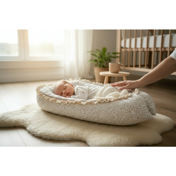 Cosulet bebelus, MimiNu, Premium, Pentru dormit, Baby Nest 55 x 75 cm, Cu Volanase si dantela, Husa 100% bumbac, Din [2]