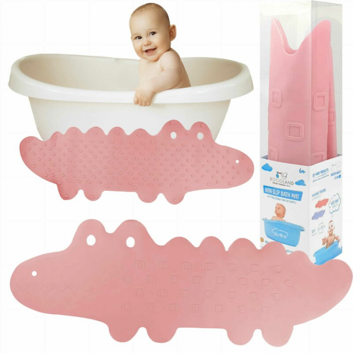 Covoras de baie, Bocioland, Antiderapant, Cu ventuze, Silicon, 33 x 90 cm, Crocodile Pink [6]