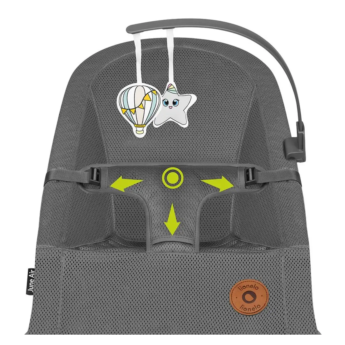 Fotoliu balansoar June AIR, Cu arcada cu jucarii, Ergonomic, Permite circulatia aerului, Balansare manuala, Pliabil, 0 luni+, Gri [18]