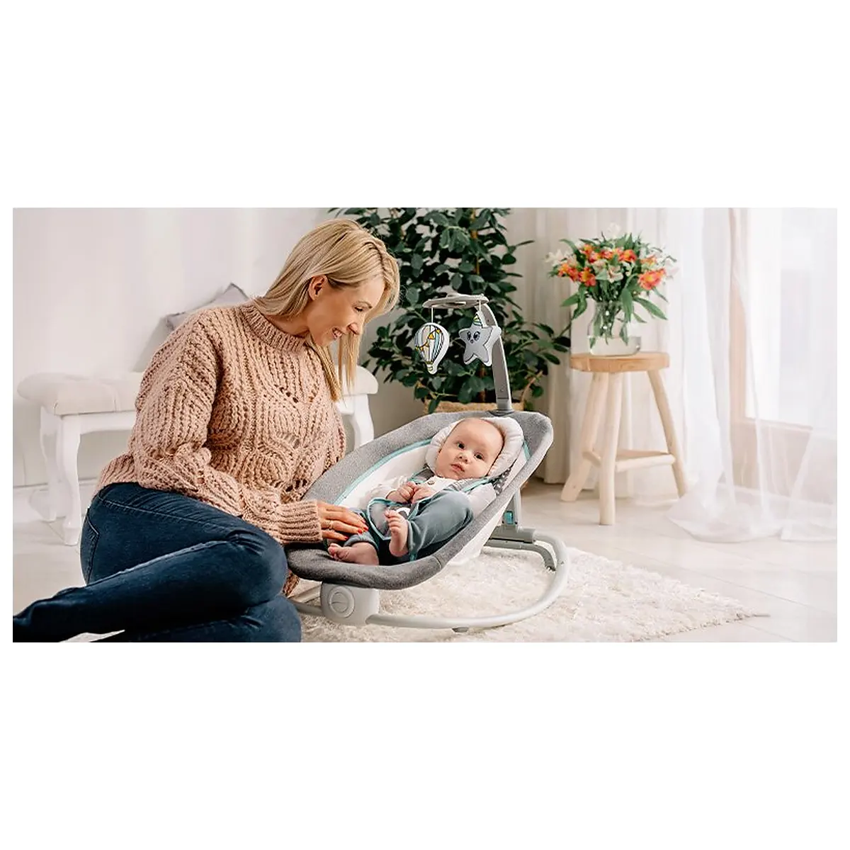 Fotoliu balansoar, Lionelo, Cu vibratii, Pascal Scandi, Cu 12 melodii linistitoare, Pliabil, 80x49 cm, Gri Deschis [10]