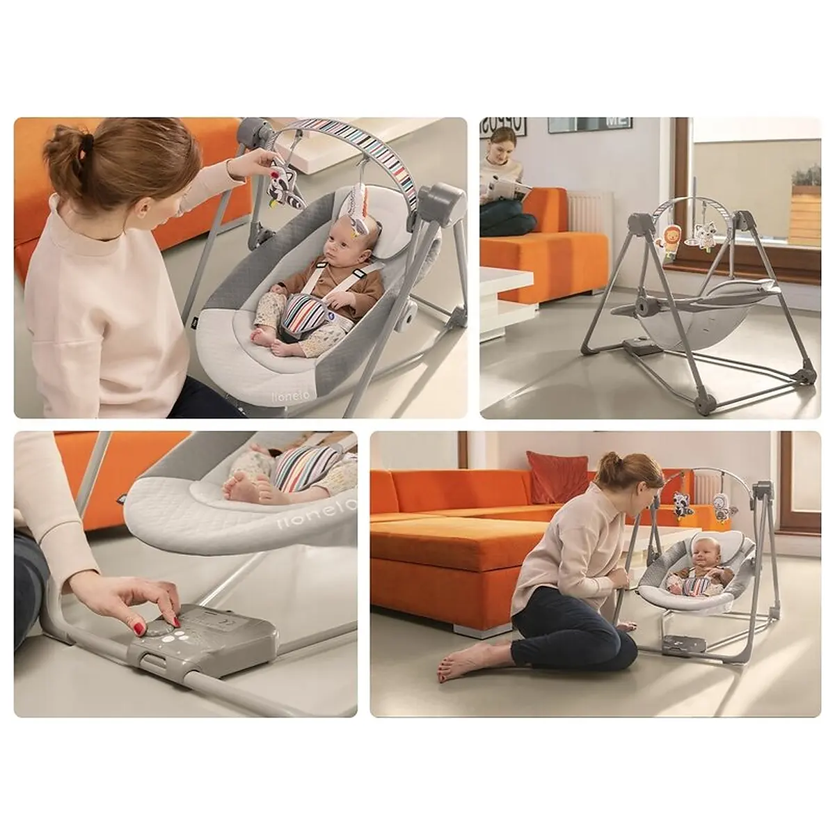 Fotoliu balansoar, Lionelo, Otto Cozy, Cu melodii, Cu 5 viteze de balansare, Cu temporizator, 57x55 cm, Gri 2 ani [14]