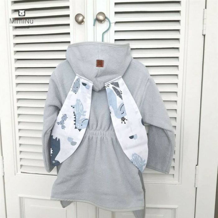 Halat de baie, MimiNu, 2 - 5 ani, bumbac si thermo fleece, Dino Granat [2]