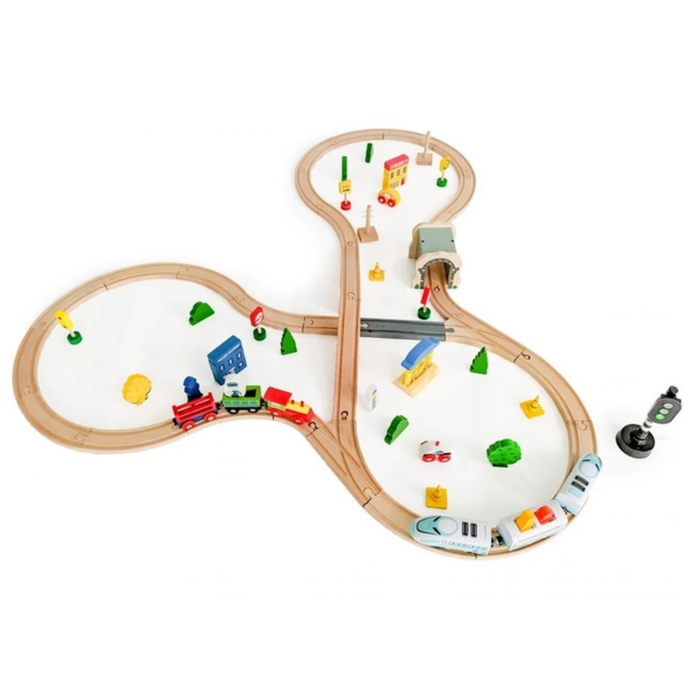 Jucarie cale ferata din lemn cu tren cu baterii Ecotoys, 69 elemente, multicolor [3]