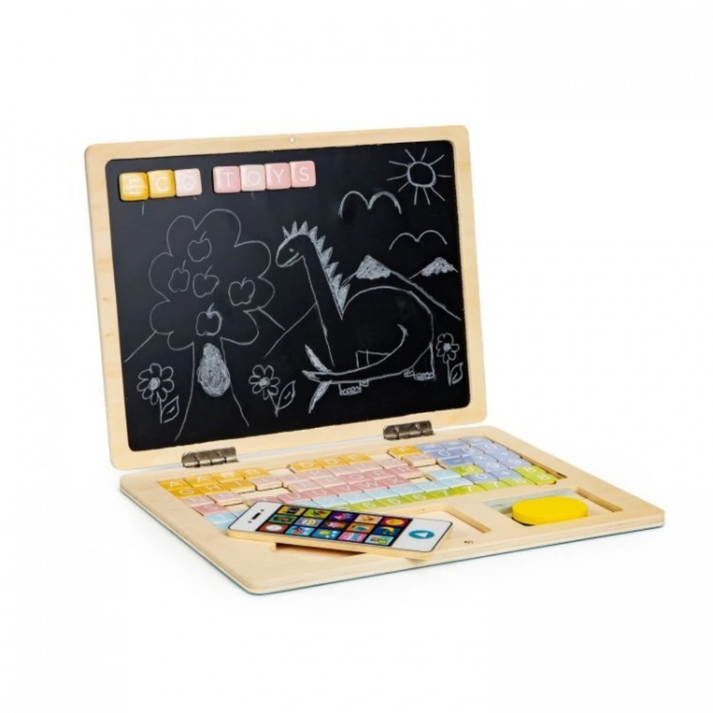 Laptop educational din lemn cu magnet si taste din lemn Ecotoys - Alb [3]