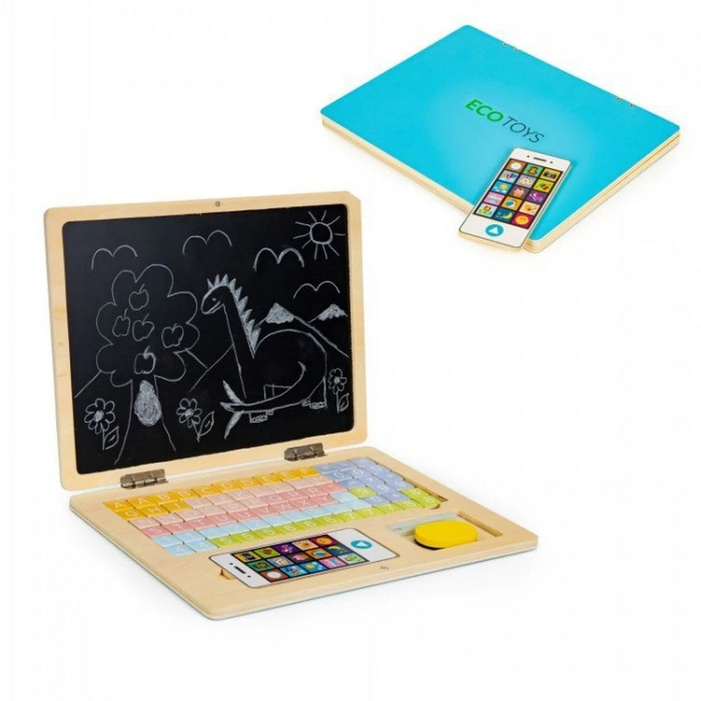 Laptop educational din lemn cu magnet si taste din lemn Ecotoys - Albastru [2]