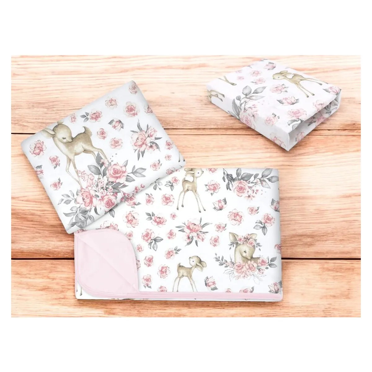 Lenjerie patut cu 3 piese, MimiNu, cearceaf 120x60 cm, paturica si pernuta, bumbac, Sweet Deer Pink [2]