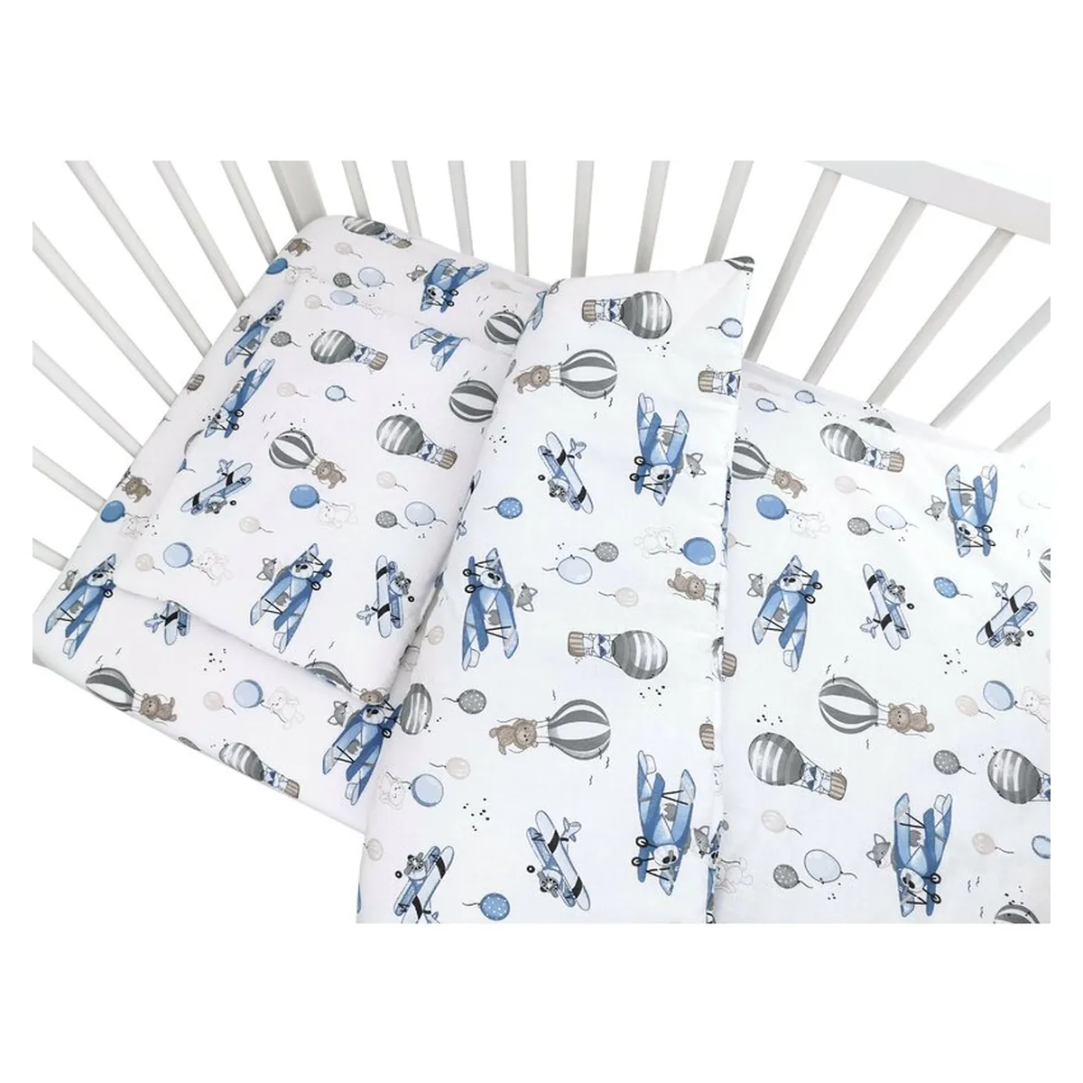 Lenjerie patut cu 3 piese, MimiNu, Cu cearceaf 120x60 cm, Pilota, Pernuta, bumbac 100%, Blue Plane [3]