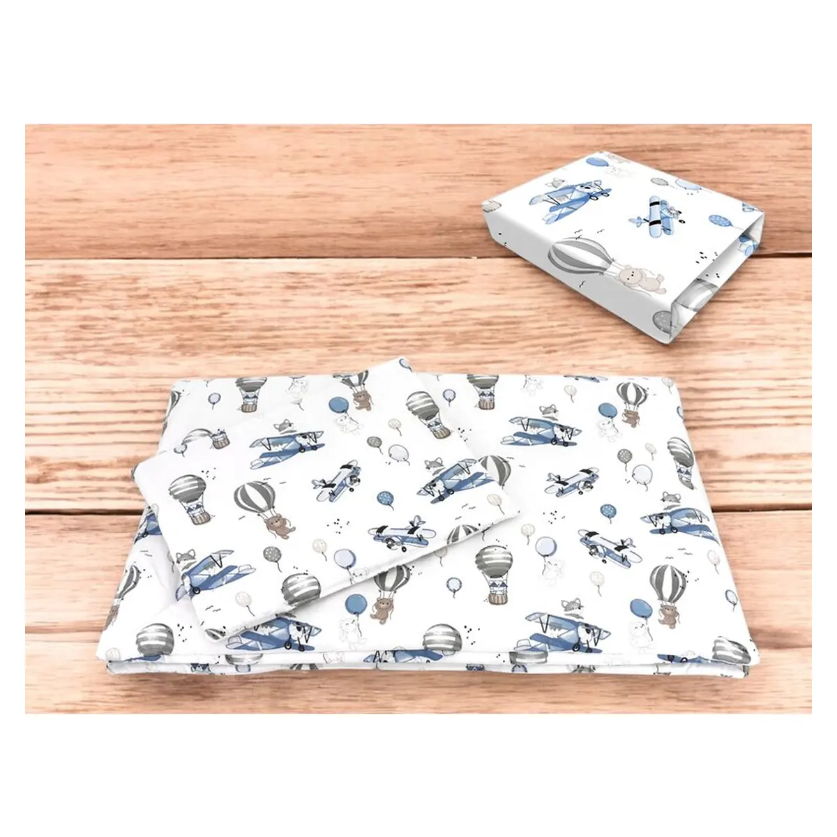 Lenjerie patut cu 3 piese, MimiNu, Cu cearceaf 120x60 cm, Pilota, Pernuta, bumbac 100%, Blue Plane [2]