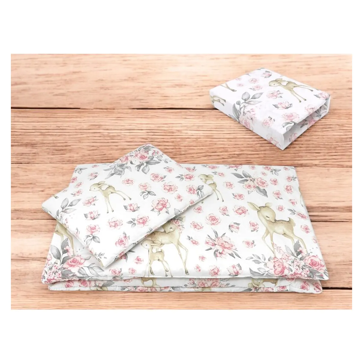 Lenjerie patut cu 3 piese, MimiNu, Cu cearceaf 120x60 cm, Pilota, Pernuta, bumbac 100%, Sweet Deer Pink [2]