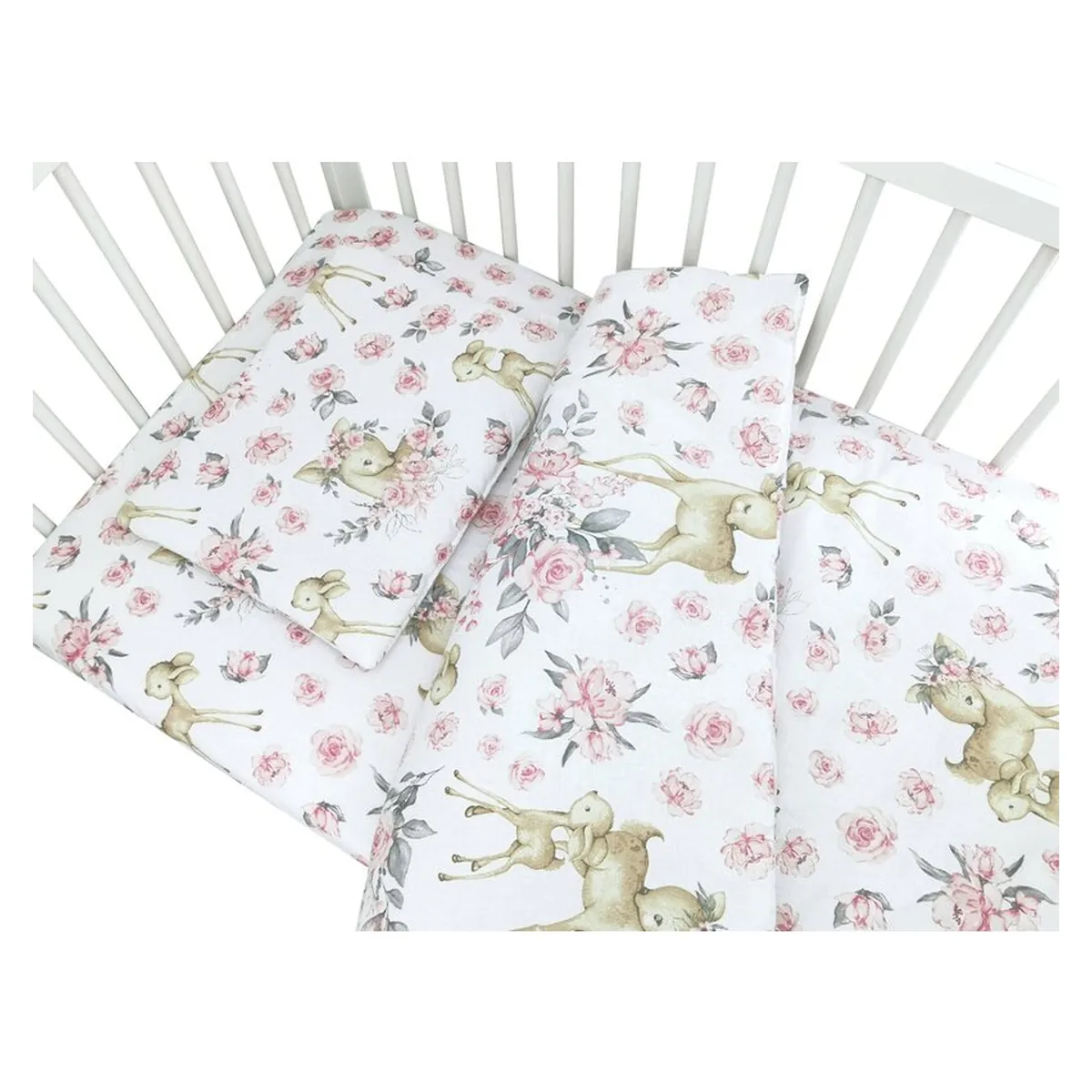 Lenjerie patut cu 3 piese, MimiNu, Cu cearceaf 120x60 cm, Pilota, Pernuta, bumbac 100%, Sweet Deer Pink [3]