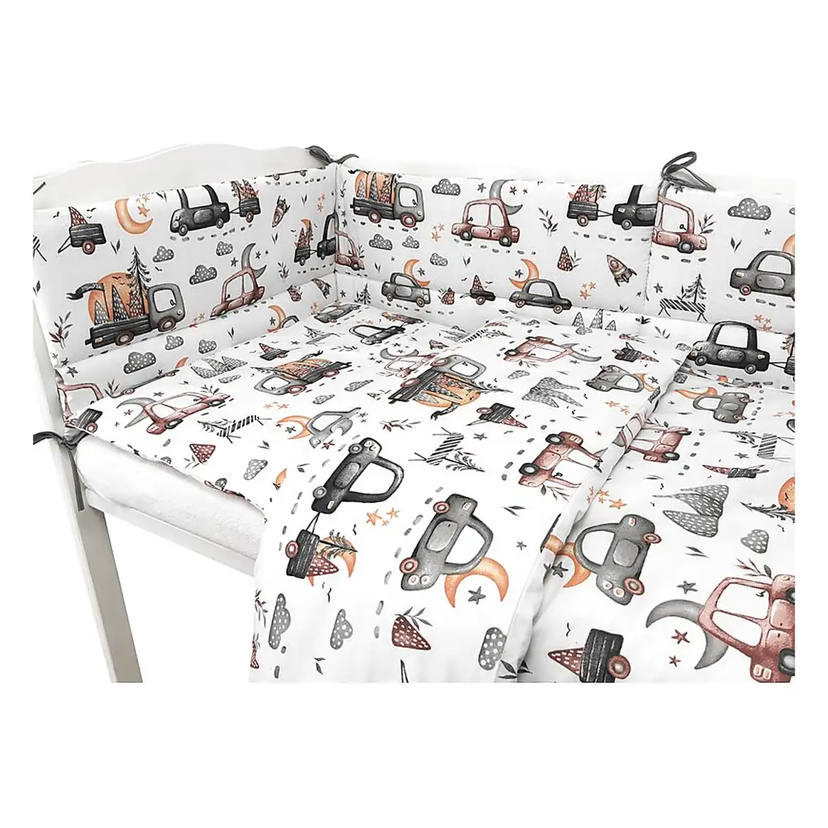 Lenjerie patut cu 3 piese, MimiNu, Pentru patut 120x60 cm, Cu protectie laterala, Cars Grey [2]