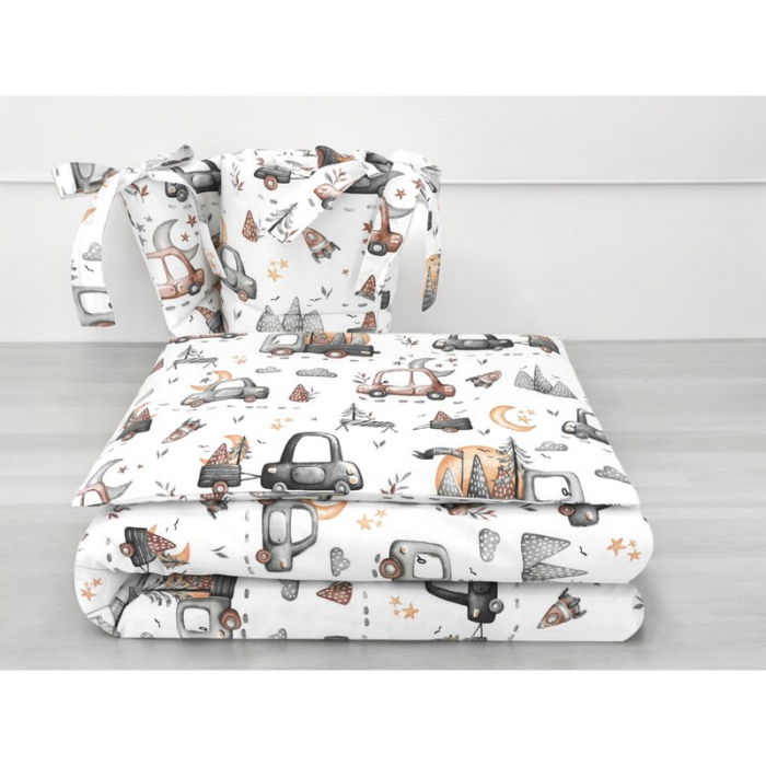 Lenjerie patut cu 3 piese, MimiNu, Pentru patut 120x60 cm, Cu protectie laterala, Cars Grey [2]