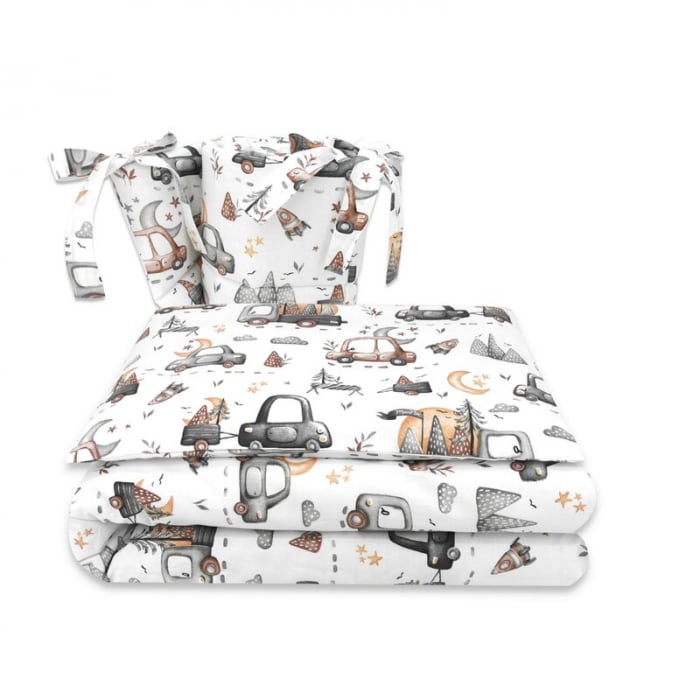 Lenjerie patut cu 3 piese, MimiNu, Pentru patut 120x60 cm, Cu protectie laterala, Cars Grey [1]