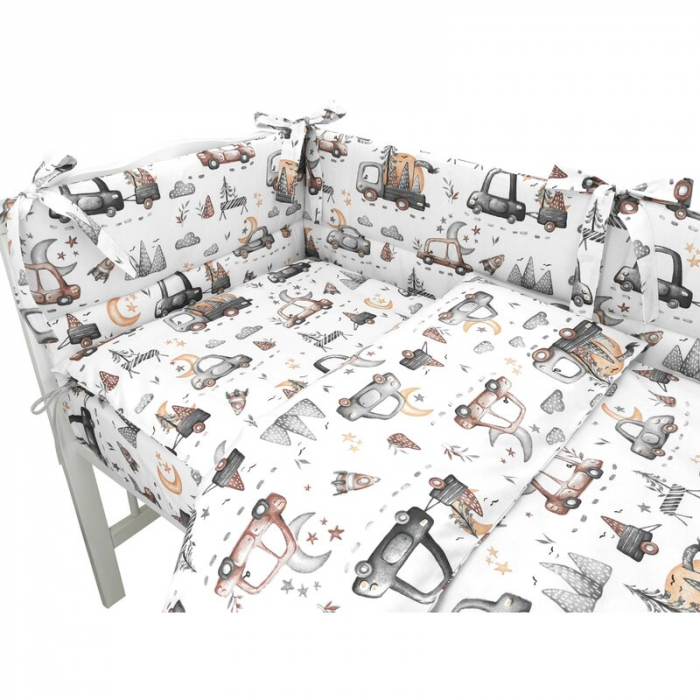 Lenjerie patut cu 3 piese, MimiNu, Pentru patut 120x60 cm, Cu protectie laterala, Cars Grey [3]