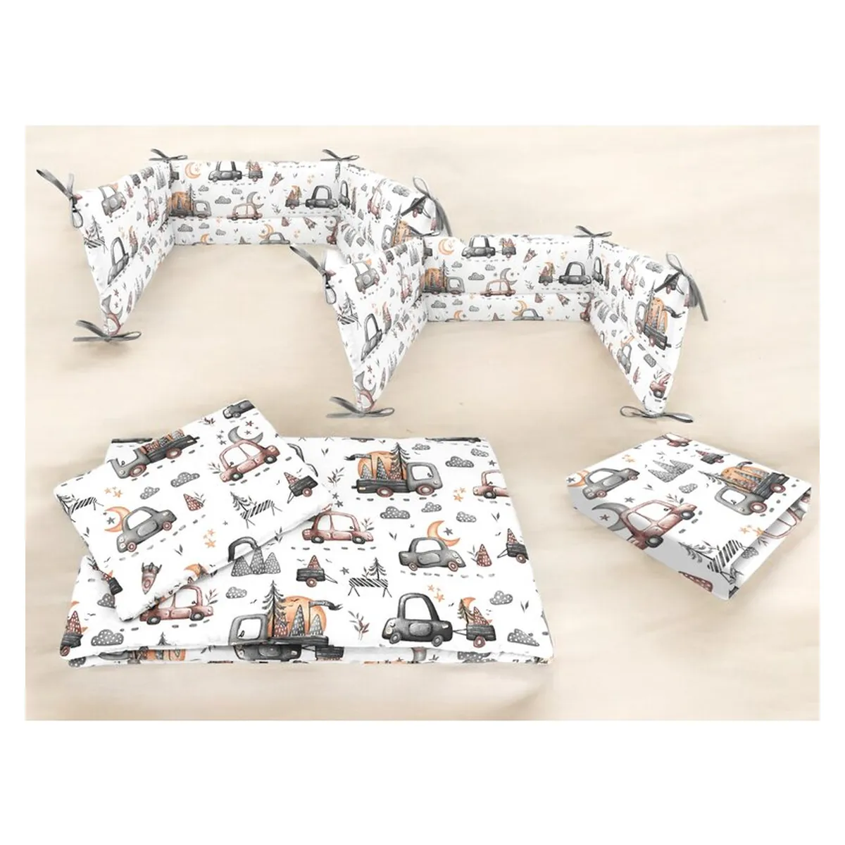 Lenjerie patut cu 5 piese, MimiNu, Cu cearceaf 120x60 cm, Pilota, Pernuta, 2 aparatori, bumbac 100%, Cars Grey [2]