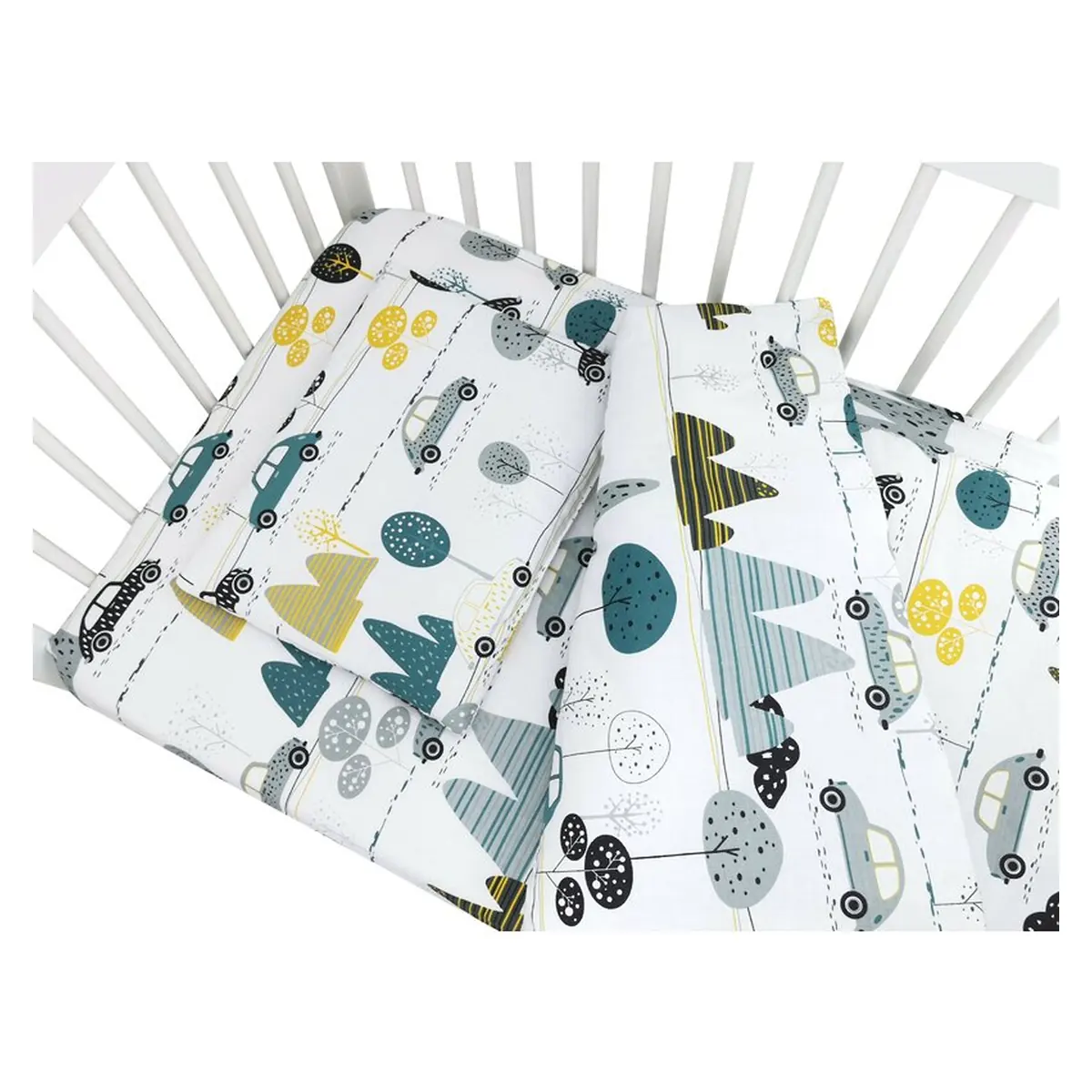 Lenjerie patut cu 5 piese, MimiNu, Cu cearceaf 120x60 cm, Pilota, Pernuta, 2 aparatori, bumbac 100%, Childrens Journey Grey [2]