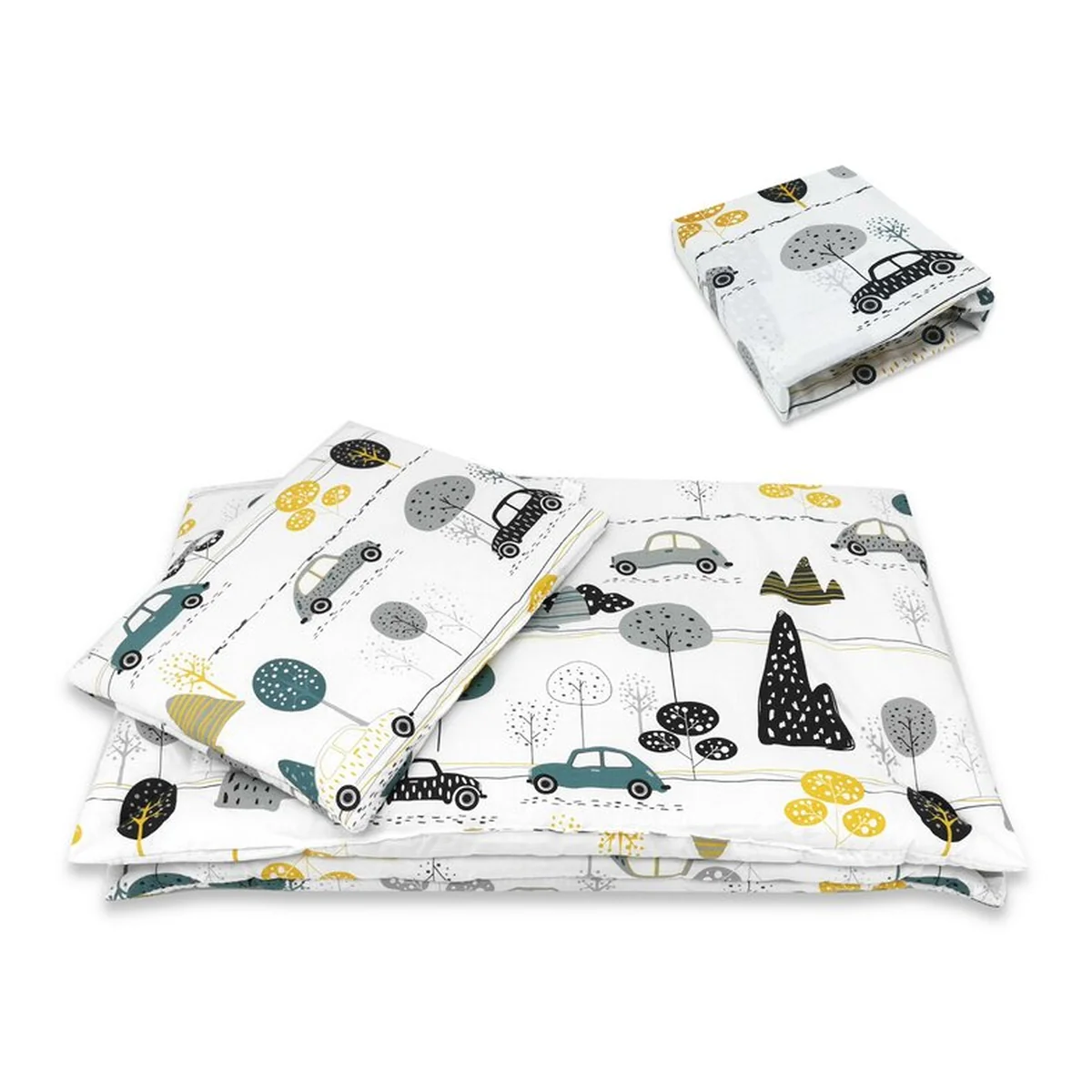 Lenjerie patut cu 5 piese, MimiNu, Cu cearceaf 120x60 cm, Pilota, Pernuta, 2 aparatori, bumbac 100%, Childrens Journey Grey [3]