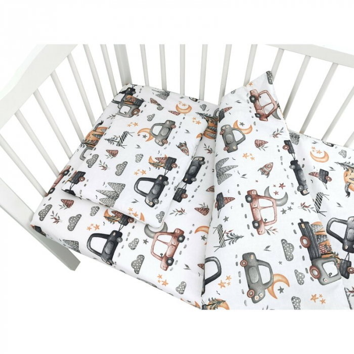 Lenjerie patut cu 5 piese, MimiNu, Cu cearceaf 120x60 cm, Pilota, Pernuta, 2 aparatori, bumbac 100%, Cars Grey [4]