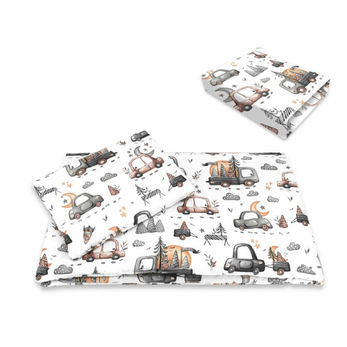 Lenjerie patut cu 5 piese, MimiNu, Cu cearceaf 120x60 cm, Pilota, Pernuta, 2 aparatori, bumbac 100%, Cars Grey [3]