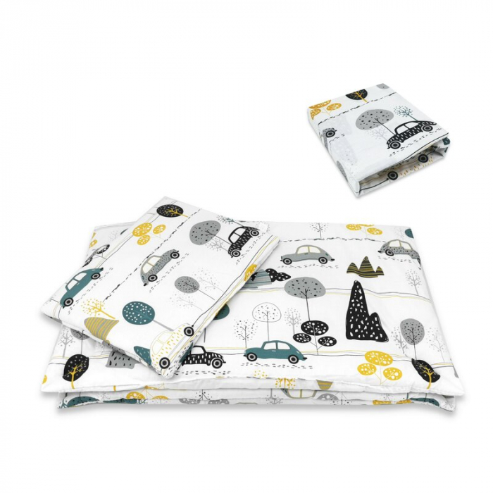 Lenjerie patut cu 5 piese, MimiNu, Cu cearceaf 120x60 cm, Pilota, Pernuta, 2 aparatori, bumbac 100%, Childrens Journey Grey [4]