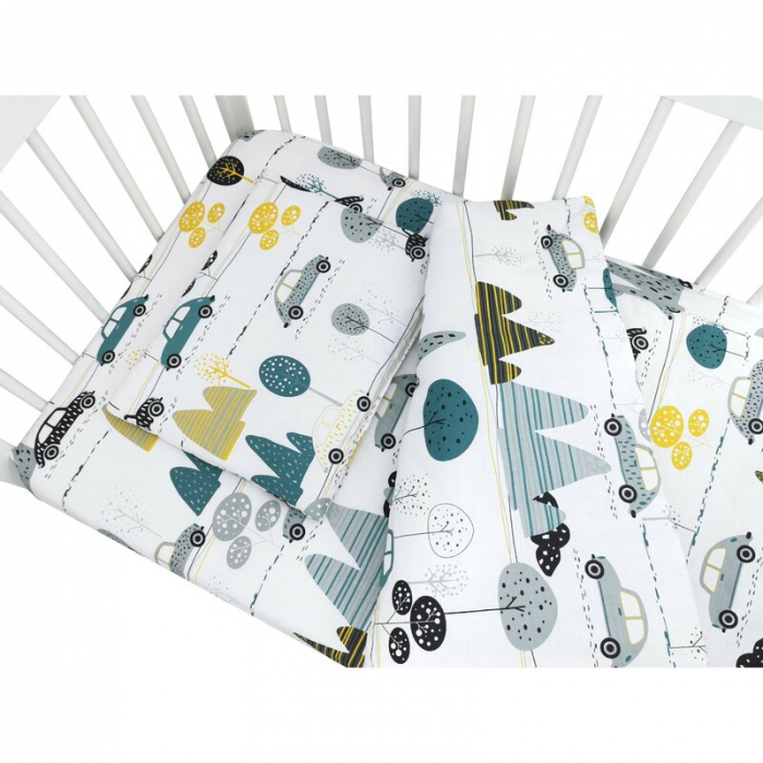 Lenjerie patut cu 5 piese, MimiNu, Cu cearceaf 120x60 cm, Pilota, Pernuta, 2 aparatori, bumbac 100%, Childrens Journey Grey [3]