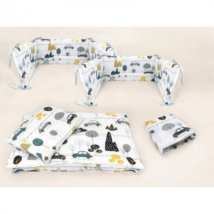 Lenjerie patut cu 5 piese, MimiNu, Cu cearceaf 120x60 cm, Pilota, Pernuta, 2 aparatori, bumbac 100%, Childrens Journey Grey [2]