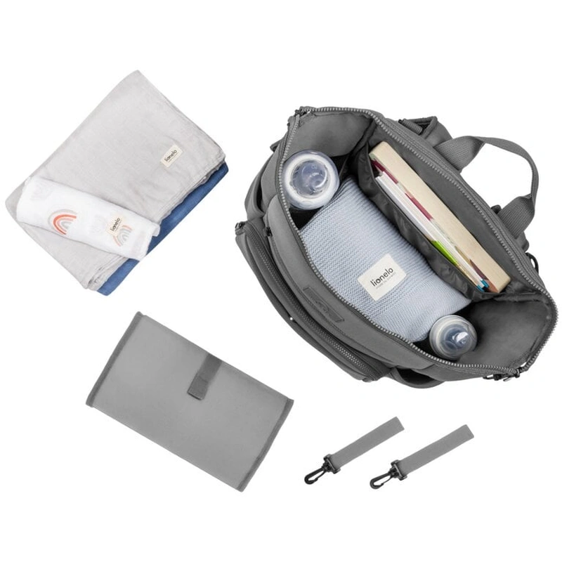 Lionelo - Rucsac impermeabil pentru mamici Cube, Cu 12 compartimente si salteluta de schimbat, Cu prindere universala de carucior, 36 x 36 x 23 cm, Gri [2]