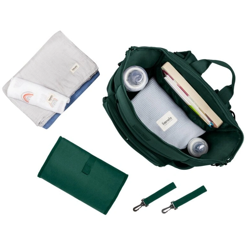 Lionelo - Rucsac impermeabil pentru mamici Cube, Cu 12 compartimente si salteluta de schimbat, Cu prindere universala de carucior, 36 x 36 x 23 cm, Verde [3]