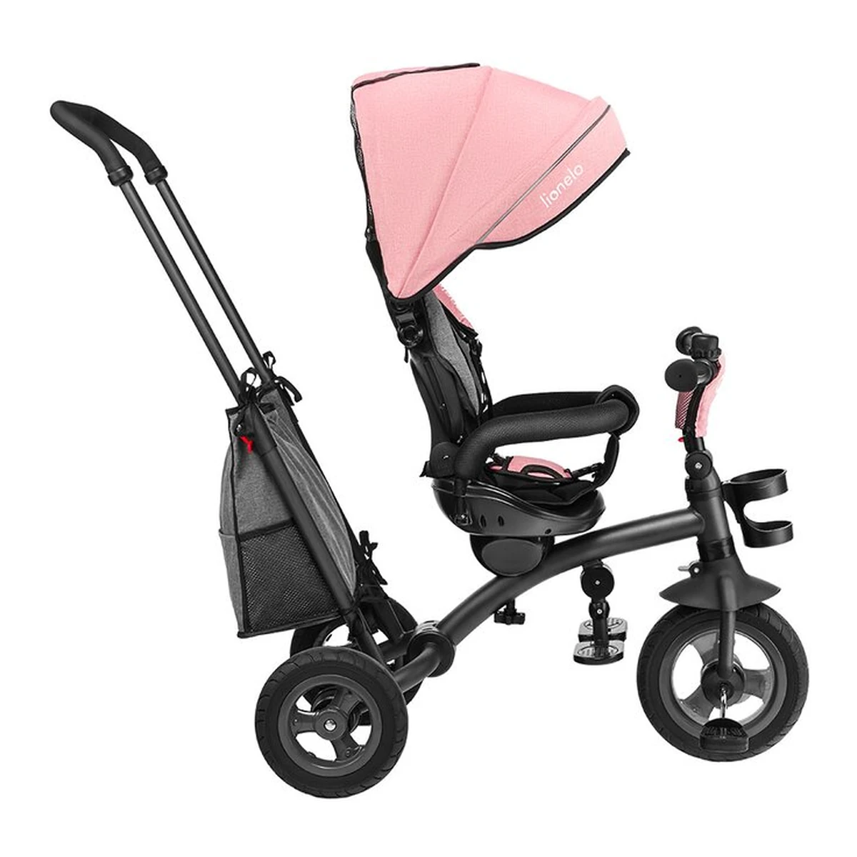 Lionelo - Tricicleta Tris, Mecanism de pedalare libera, Suport picioare, Control al directiei, Scaun reversibil, Rotire 360 grade, Pliabila, Conform cu standardul europeane de securitate EN71, Roz/Gri [10]