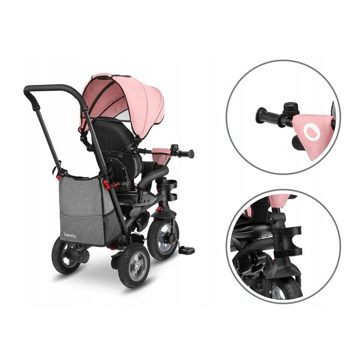 Lionelo - Tricicleta Tris, Mecanism de pedalare libera, Suport picioare, Control al directiei, Scaun reversibil, Rotire 360 grade, Pliabila, Conform cu standardul europeane de securitate EN71, Roz/Gri [14]
