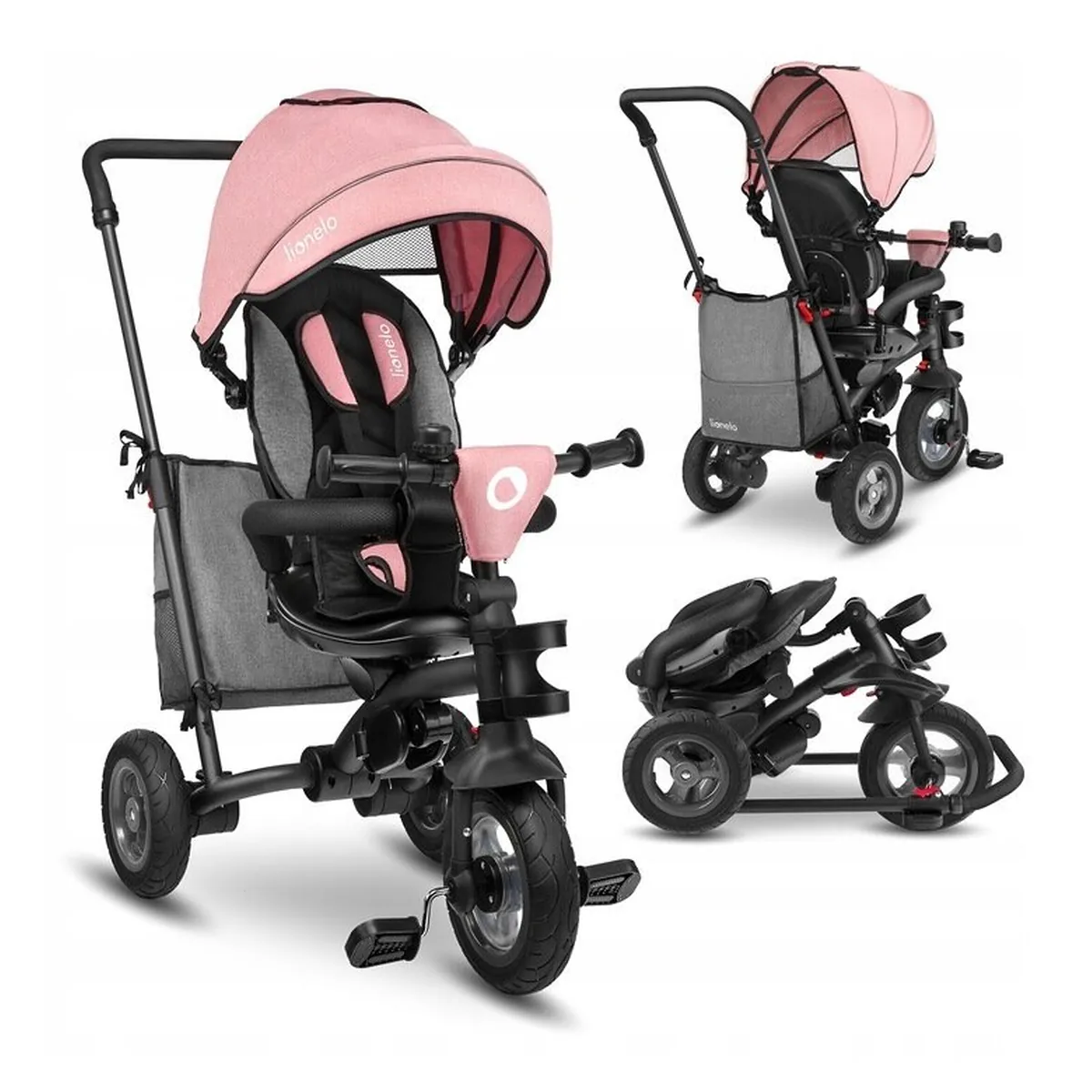 Lionelo - Tricicleta Tris, Mecanism de pedalare libera, Suport picioare, Control al directiei, Scaun reversibil, Rotire 360 grade, Pliabila, Conform cu standardul europeane de securitate EN71, Roz/Gri [4]