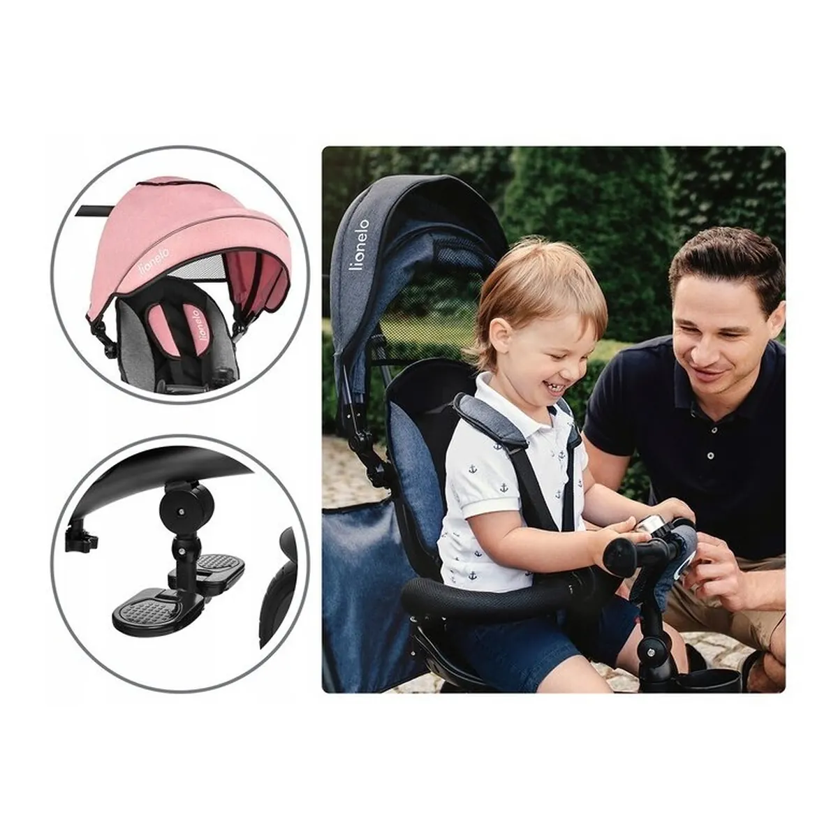 Lionelo - Tricicleta Tris, Mecanism de pedalare libera, Suport picioare, Control al directiei, Scaun reversibil, Rotire 360 grade, Pliabila, Conform cu standardul europeane de securitate EN71, Roz/Gri [32]