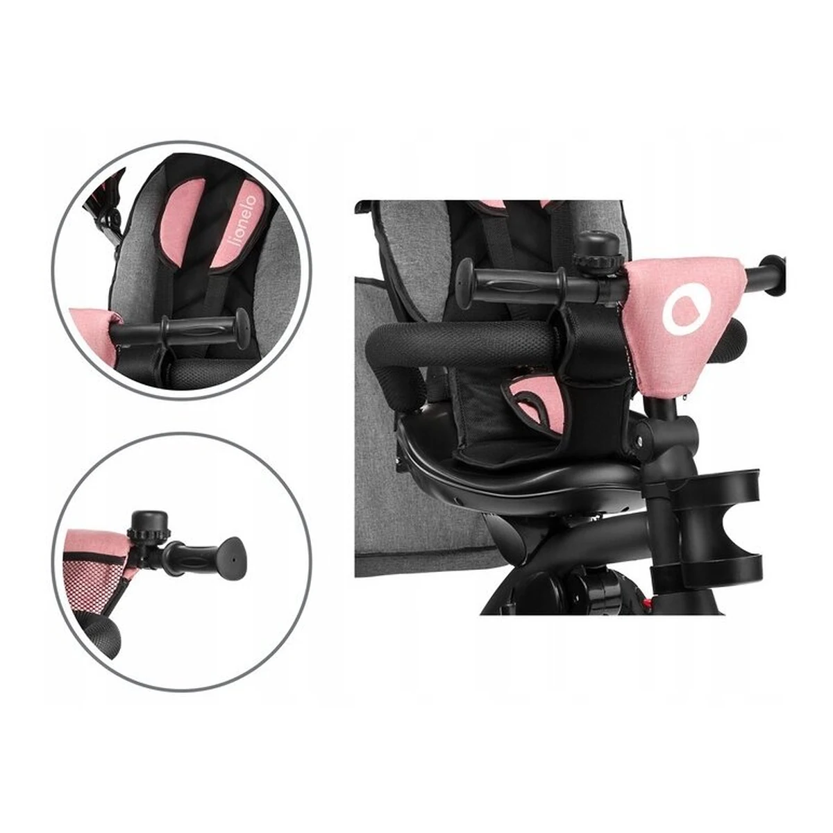 Lionelo - Tricicleta Tris, Mecanism de pedalare libera, Suport picioare, Control al directiei, Scaun reversibil, Rotire 360 grade, Pliabila, Conform cu standardul europeane de securitate EN71, Roz/Gri [23]