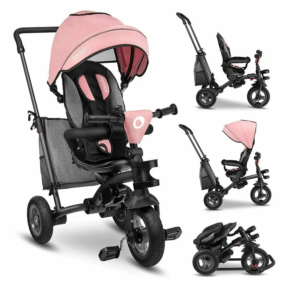 Lionelo - Tricicleta Tris, Mecanism de pedalare libera, Suport picioare, Control al directiei, Scaun reversibil, Rotire 360 grade, Pliabila, Conform cu standardul europeane de securitate EN71, Roz/Gri [3]