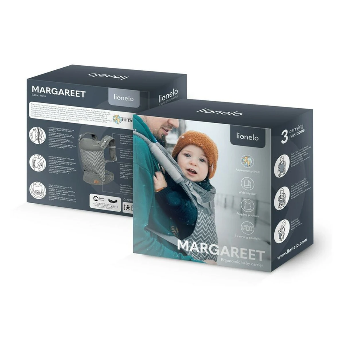 Lionelo - Marsupiu ergonomic Margareet, Cu 3 pozitii de transport, Cu gluga, Pana la 20 Kg, Aprobat de Institutul International de Displazie de Sold, Conform cu standardul european de securitate CEN T [27]