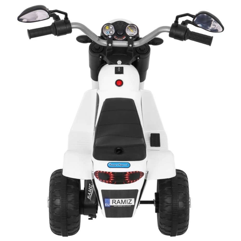 Motocicleta electrica MiniBike, roti din plastic, scaun tapitat, 71x53x57 cm, putere 6V - Alb [7]