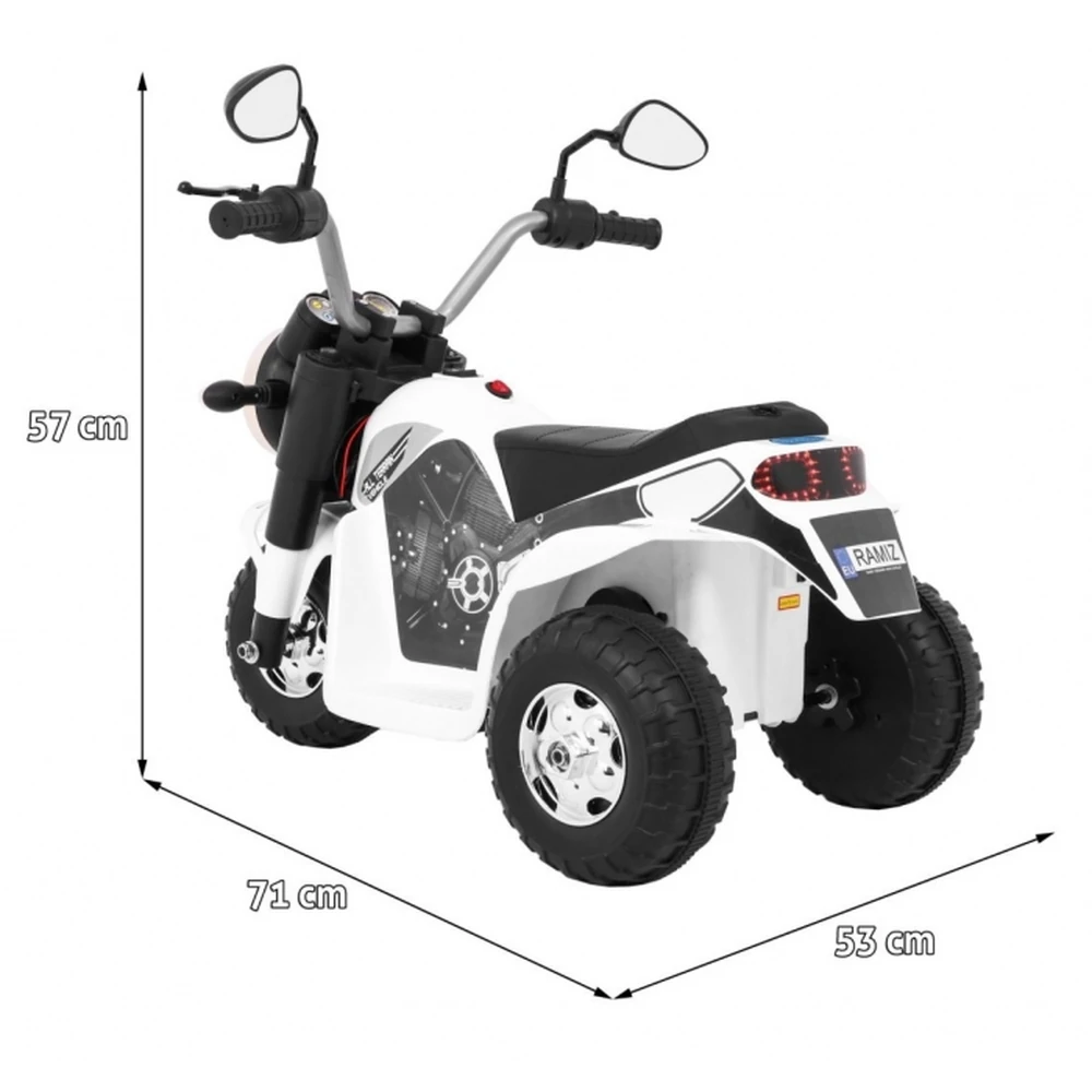 Motocicleta electrica MiniBike, roti din plastic, scaun tapitat, 71x53x57 cm, putere 6V - Alb [2]