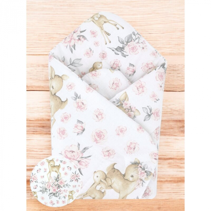 Paturica de infasat, MimiNu, doua fete, inchidere arici velcro, 75x75 cm, bumbac, Sweet Deer Pink [2]