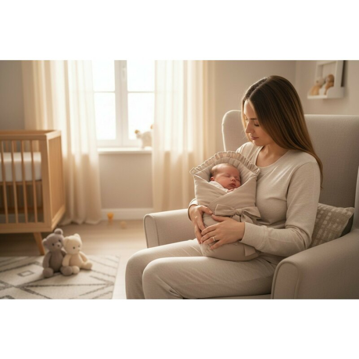 Paturica de infasat, MimiNu, Cu volanase, Cu multiple utilizari, Cu inchidere cu panglica, Dimensiune 75x75 cm, Din [2]