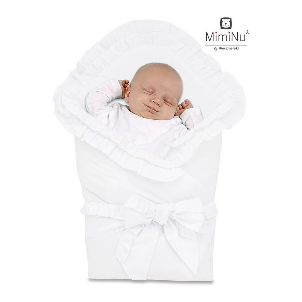 Paturica de infasat, MimiNu, pentru botez, Cu volanase, inchidere cu panglica si velcro, 75x75 cm, bumbac, White [3]