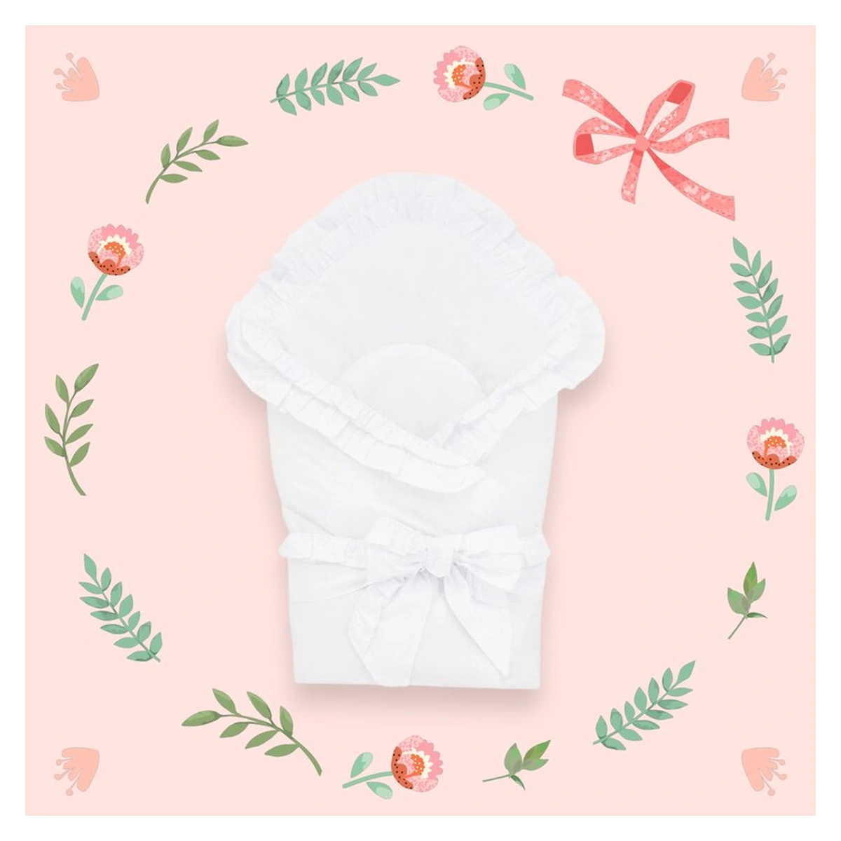 Paturica de infasat, MimiNu, pentru botez, Cu volanase, inchidere cu panglica si velcro, 75x75 cm, bumbac, White [4]