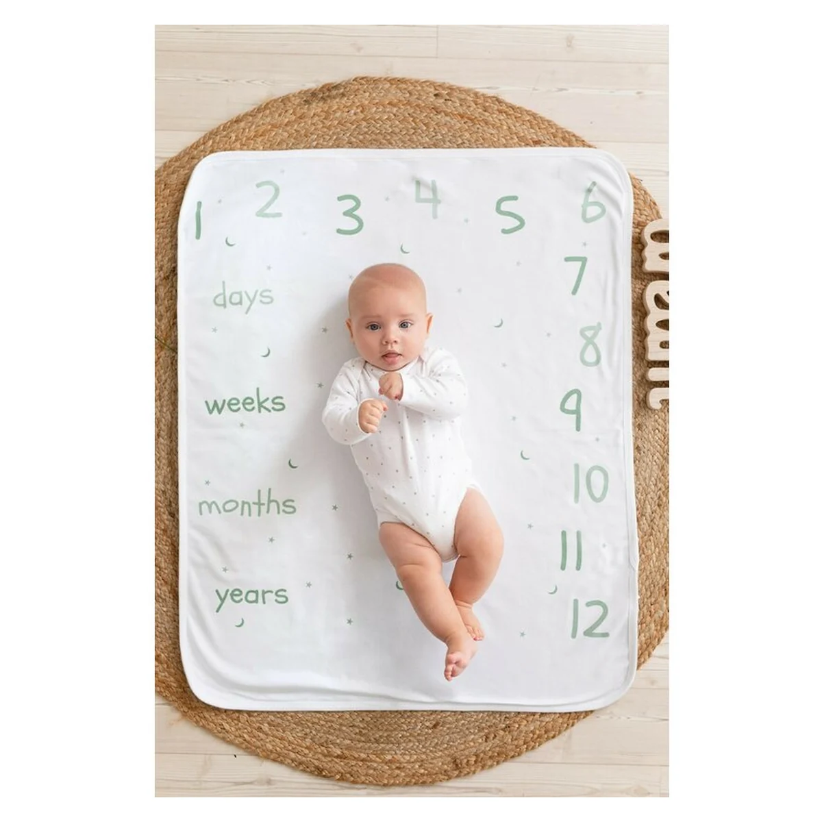Paturica moale, Bubaba, My first year, Din bumbac, 70x90 cm, Pentru momente memorabile, Imprimeu cu luni, saptamani si zile, 0 luni+, Mint/White [2]