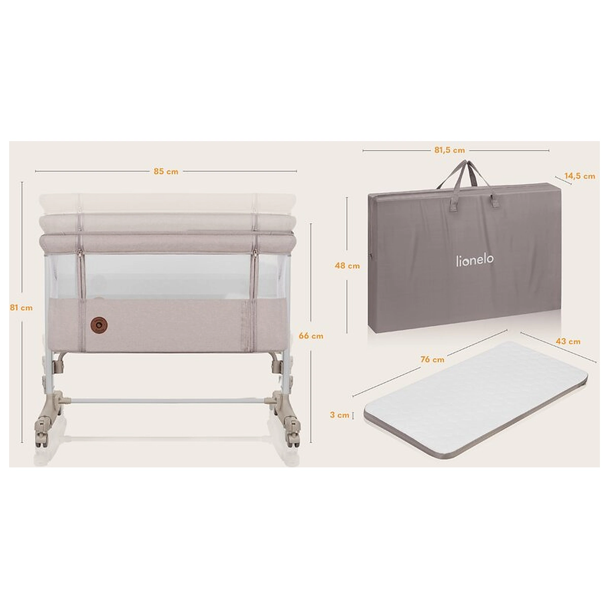 Patut co-sleeper, Lionelo, Aurora, 3 in 1, Cu leganare si setare unghiulara, Cu saltea, 0 luni+ Bej [16]