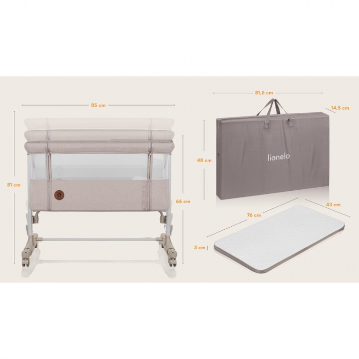 Patut co-sleeper, Lionelo, Aurora, 3 in 1, functie leganare, Include saltea si geanta transport, 5 pozitii pe inaltime, Pana la 9 kg, Beige Cappuccino [31]