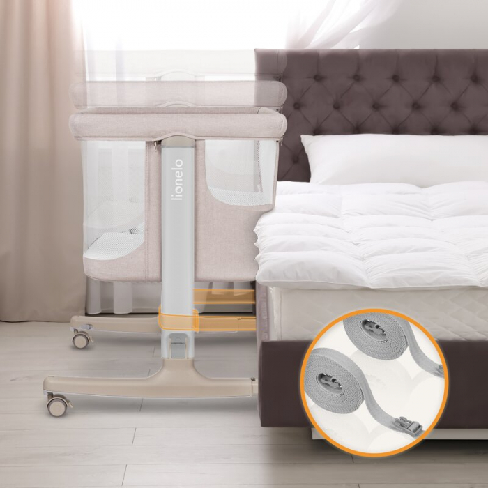 Patut co-sleeper, Lionelo, Aurora, 3 in 1, functie leganare, Include saltea si geanta transport, 5 pozitii pe inaltime, Pana la 9 kg, Beige Cappuccino [47]