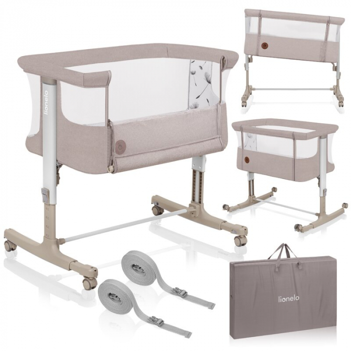 Patut co-sleeper, Lionelo, Aurora, 3 in 1, functie leganare, Include saltea si geanta transport, 5 pozitii pe inaltime, Pana la 9 kg, Beige Cappuccino [30]