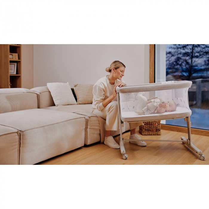 Patut co-sleeper, Lionelo, Aurora, 3 in 1, functie leganare, Include saltea si geanta transport, 5 pozitii pe inaltime, Pana la 9 kg, Beige Sand [53]