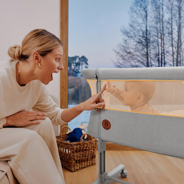 Patut co-sleeper, Lionelo, Aurora, 3 in 1, functie leganare, Include saltea si geanta transport, 5 pozitii pe inaltime, Pana la 9 kg, Beige Cappuccino [49]