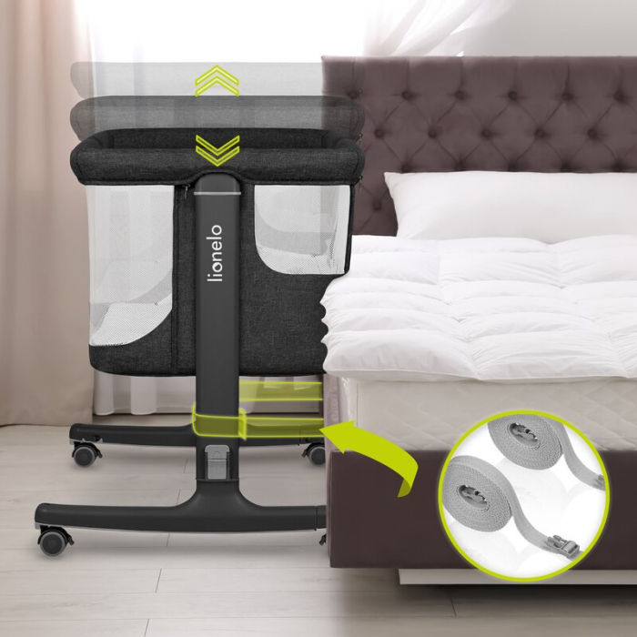 Patut co-sleeper, Lionelo, Aurora, 3 in 1, functie leganare, Include saltea si geanta transport, 5 pozitii pe inaltime, Pana la 9 kg, Grey Graphite [29]